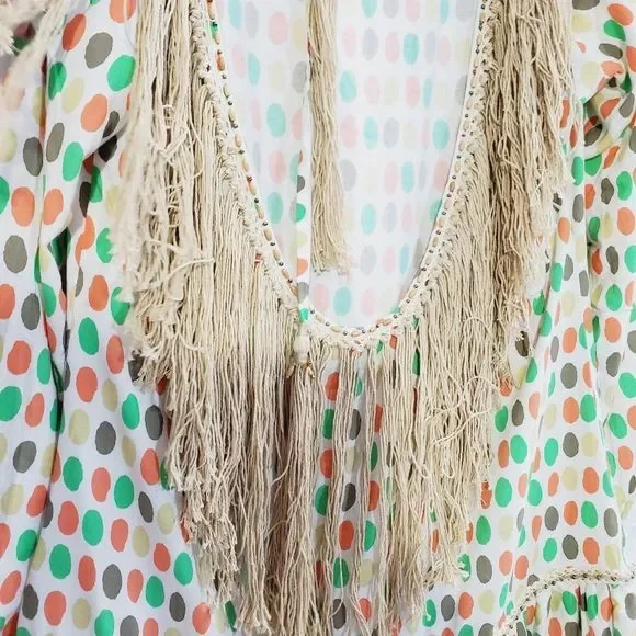 5x25 Skemo dotted mini fringe long sleeve open back ruffle dress size medium - Picture 5 of 14